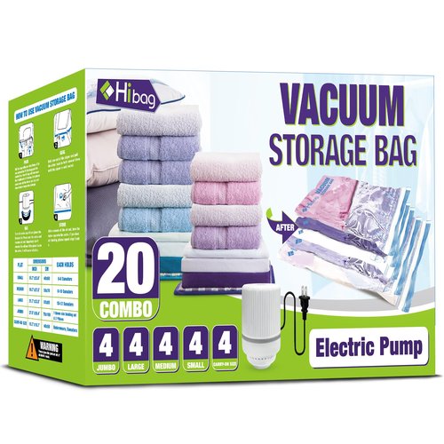 HIBAG Vacuum Storage Bags with Electric Pump, Vacuum Seal Bags for Clothing, Pillows, Blanket Bedding Comforters, 20 pack