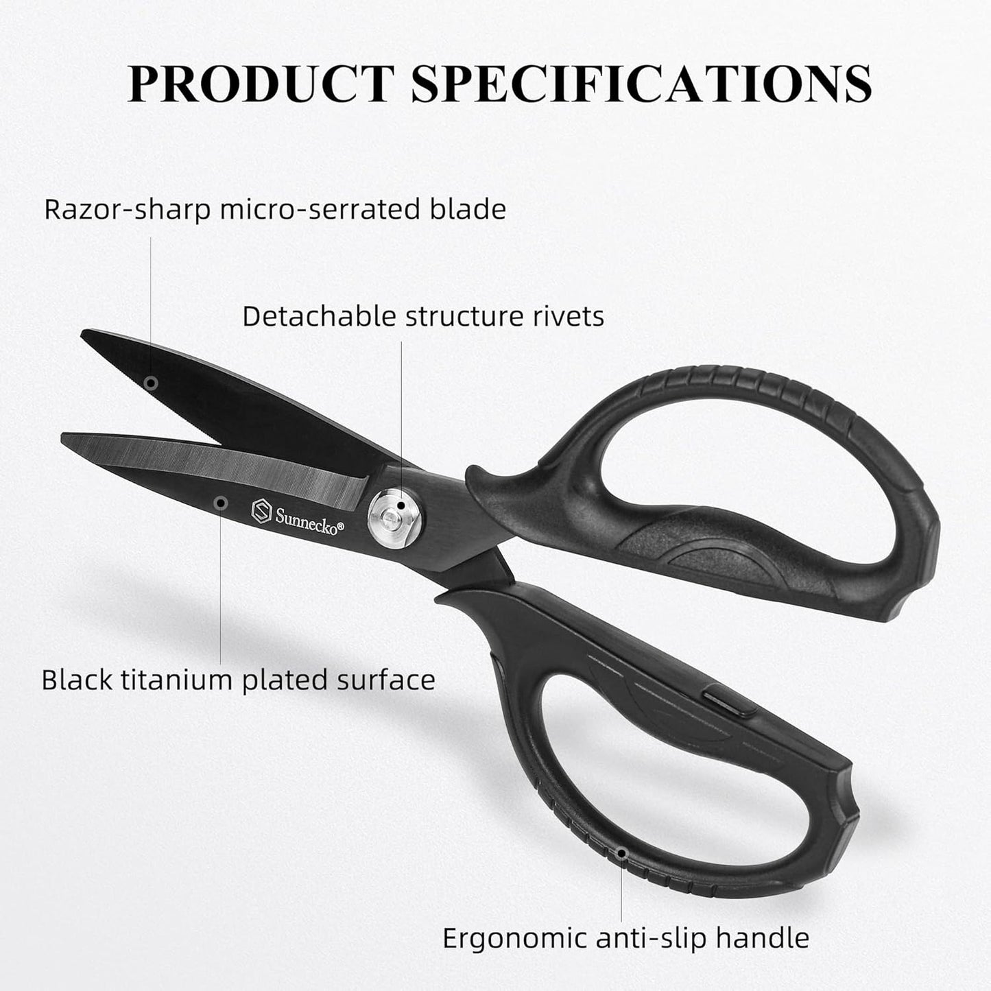 Sunnecko Kitchen Scissors - Heavy Duty Titanium Coated Shears | Micro Serrated Blades, Detachable Design