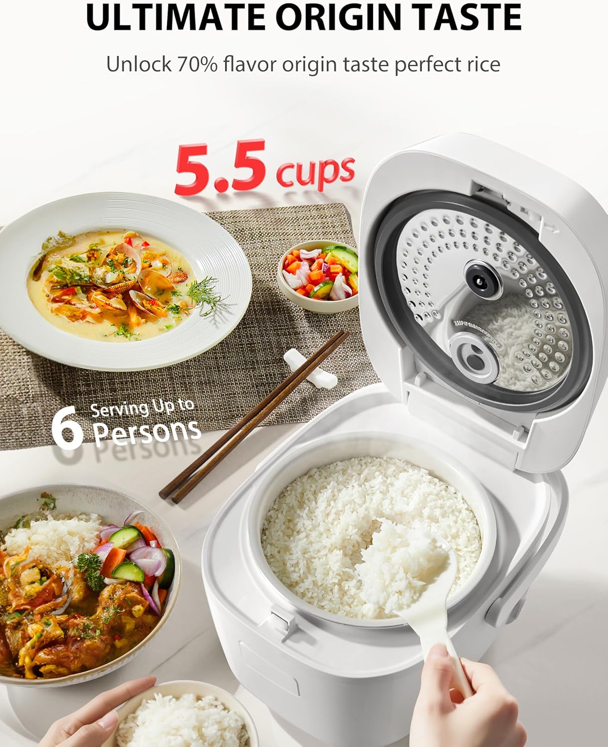 TOSHIBA Rice Cooker - 5.5-Cup Fuzzy Logic with 15-in-1 Functions & Digital Display - White