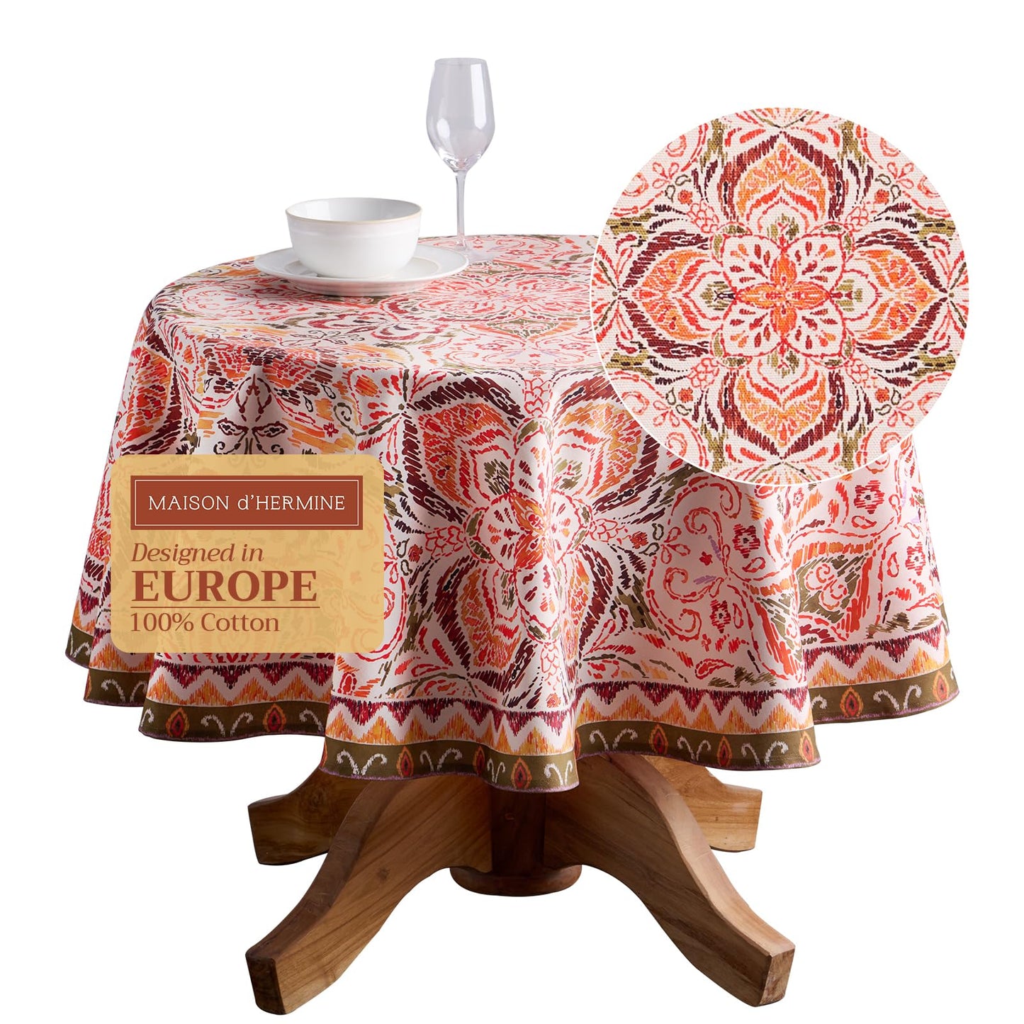 Maison d' Hermine Table Cloth Round Table 100% Cotton 69 Inches Fall Tablecloth Reusable Everyday Use for Thanksgiving Christmas Decorations Dining Farmhouse Party (Damask)