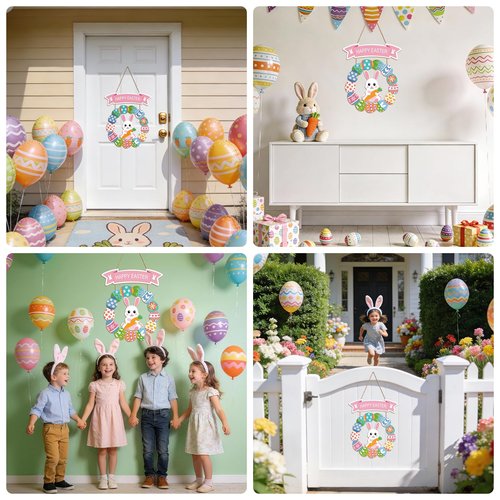 Easter Decorations for Front Door, Wooden Hanging Bunny Egg Wreath, Happy Easter Porch Welcome Sign for Home Wall Spring Party Housewarming Gift(Easter Bunny)