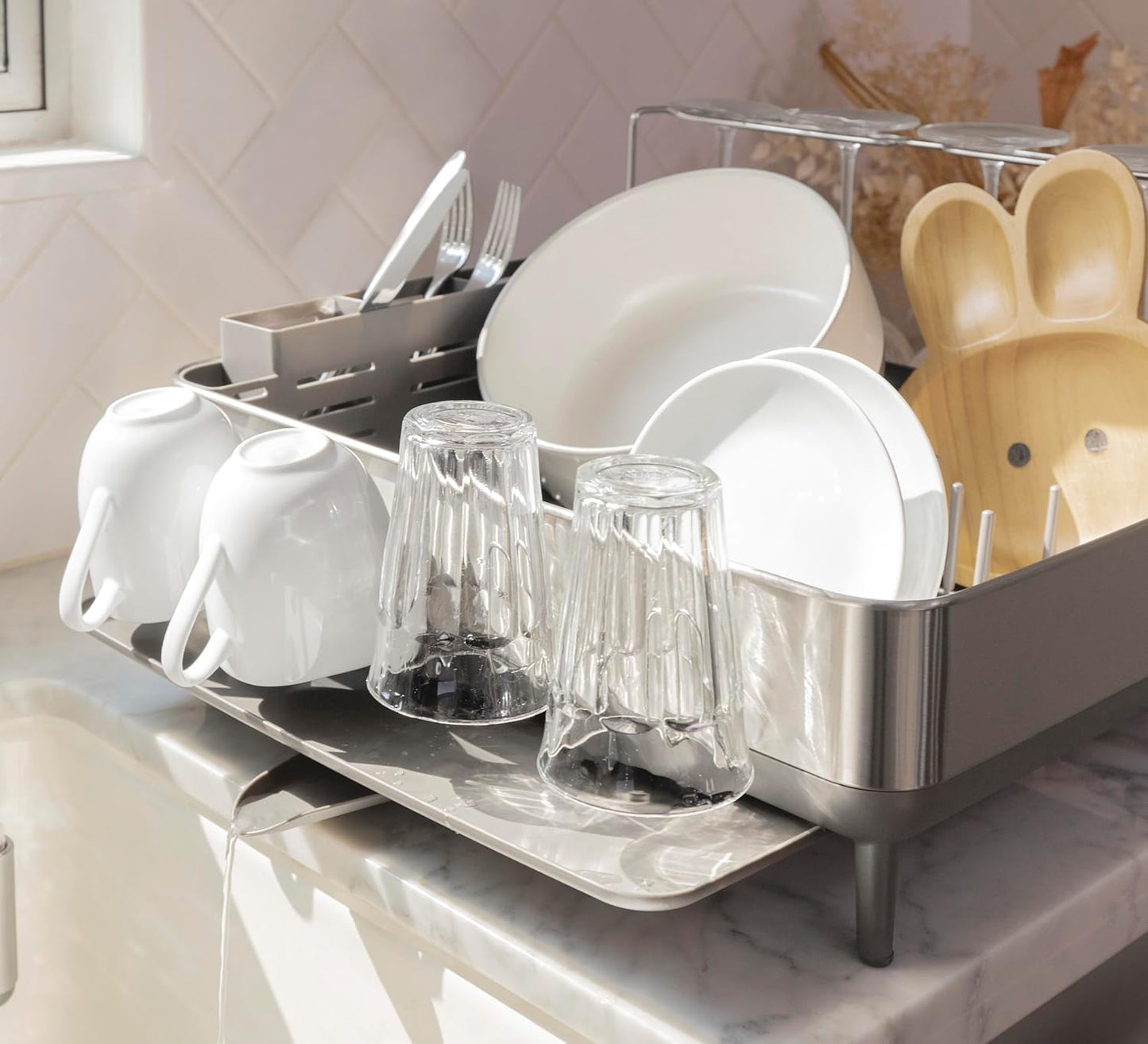 simplehuman Large Capacity Dish Drying Rack - Stainless Steel Frame, 360º Drain Spout, Grey