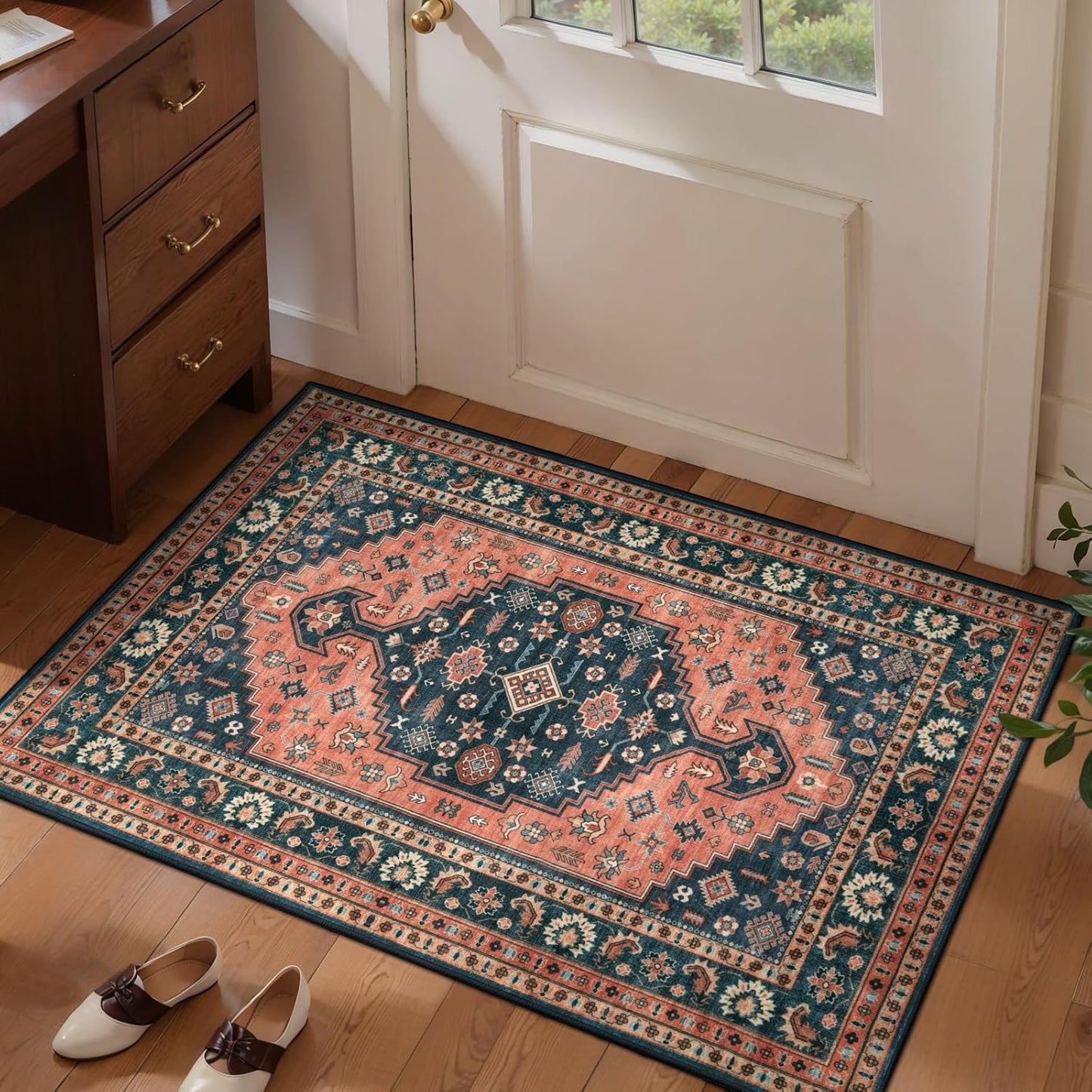 Tangsoo Vintage Small 2x3 Rug - Washable Non-Slip Entryway Mat in Boho Red & Blue Design