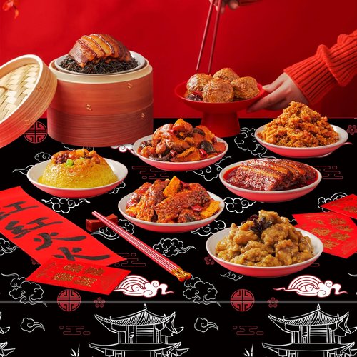 3-Piece 54 × 108 Inch Hibachi Plastic Tablecloth – Black and Red Oriental Disposable Rectangle Table Cover for Chinese New Year, Lunar New Year Party, Asian Festival, and Cultural Celebrations