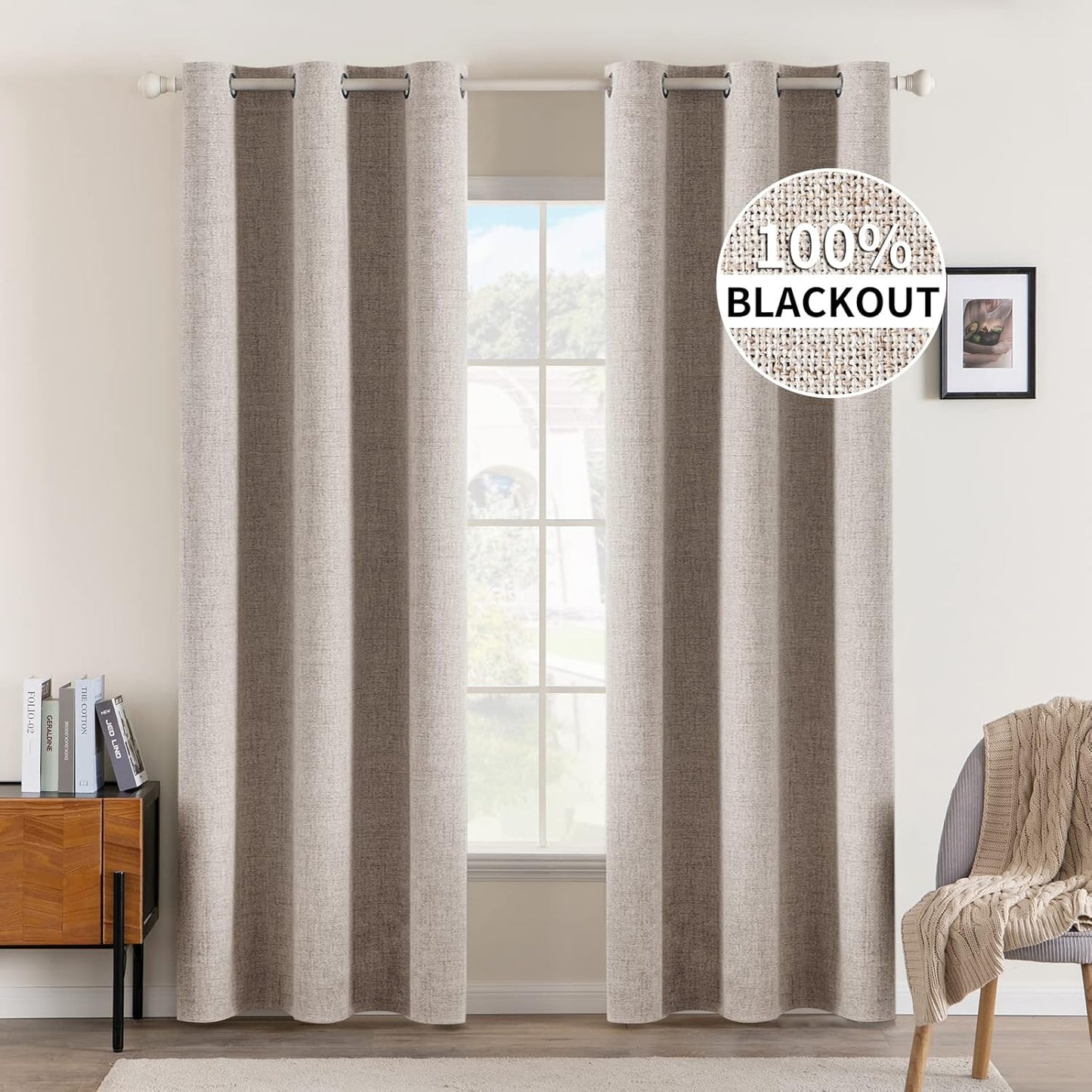 MIULEE Linen Blackout Curtains - 100% Room Darkening Thermal Insulated Grommet Panels | Khaki, 42" x 90" (2 PCs)