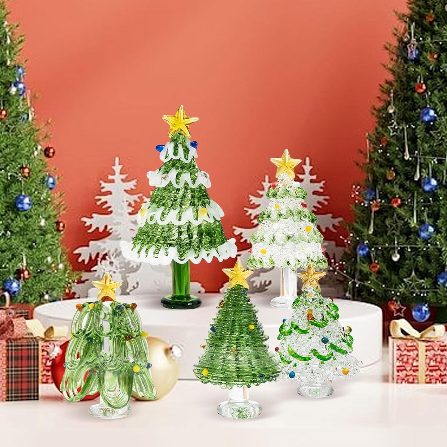 Skiennix Mini Crystal Christmas Tree Figurine - Hand Blown Glass Winter Decor for Tabletop & Mantel