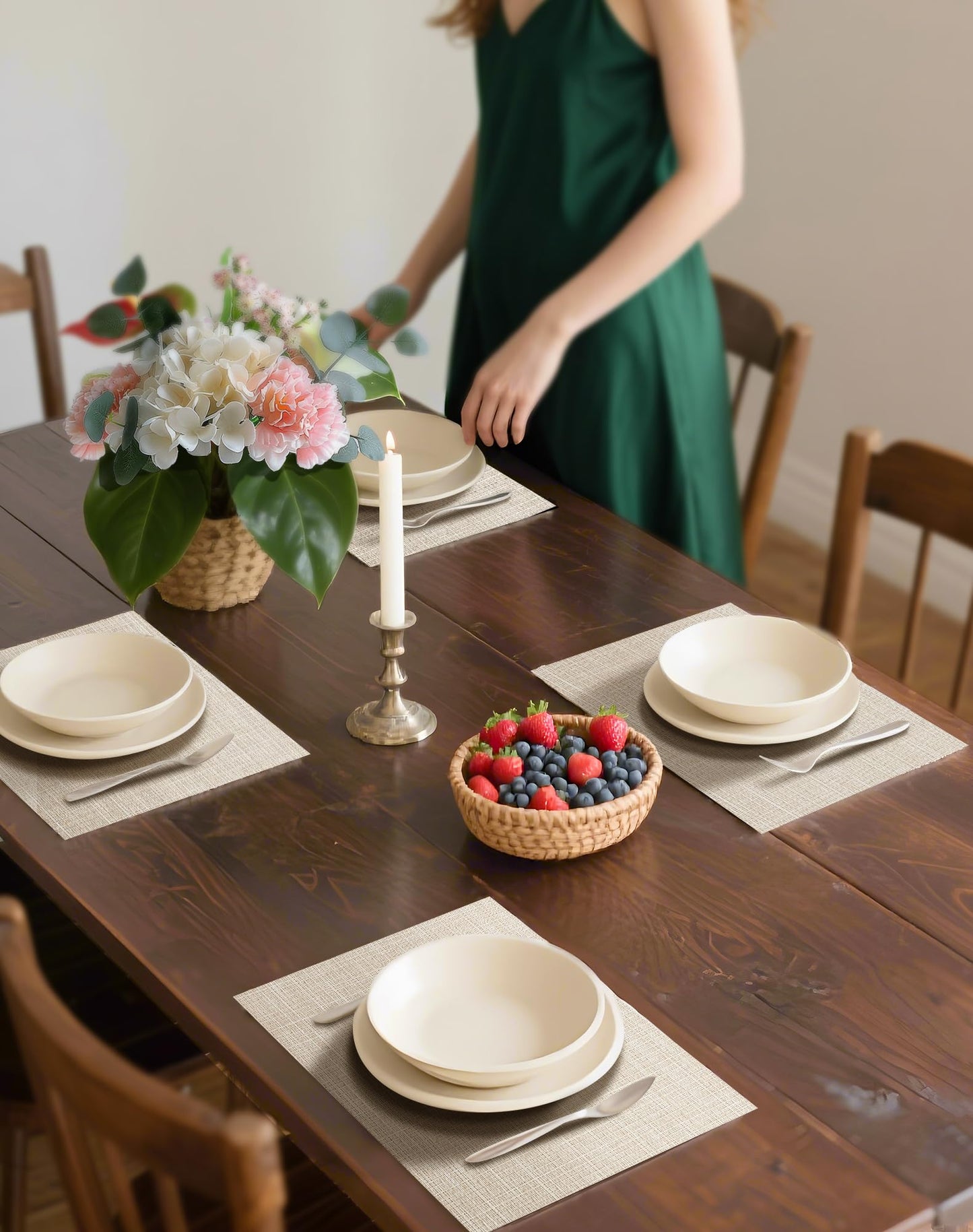 Leetaltree Brown with Black Striped Placemats Set of 12 - Heat Resistant Non-Slip Place mats for Dining Table, Washable Durable PVC Vinyl Woven Table Mats（Brown Stripe, 12）