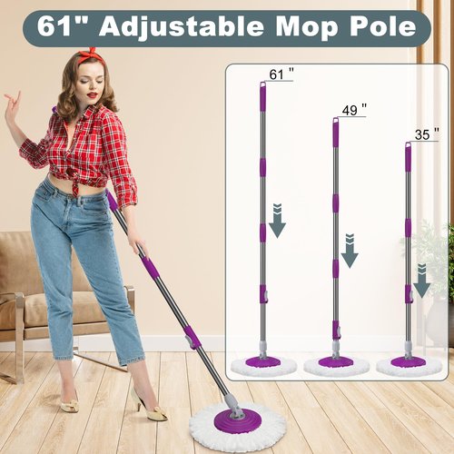 Dual Compartment Spin Mop and Bucket, Mop and Bucket with Wringer Set,360°Rotating Spinning Mopping for Floor Cleaning with 6 Microfiber Replacement Heads, 61" Extended Handle, 2X Wheel