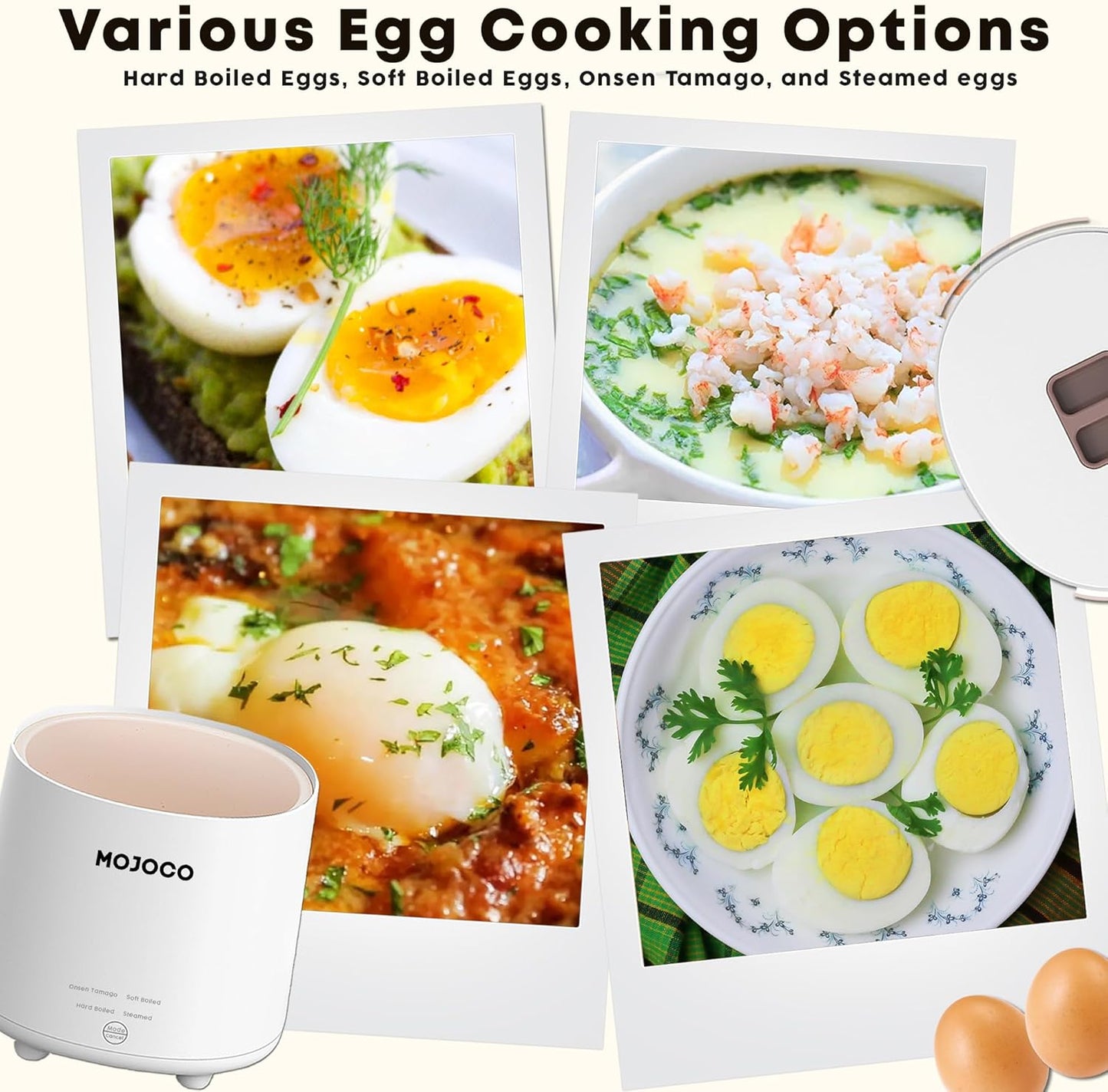 Mojoco Rapid Egg Cooker - Electric Mini Egg Maker for Steamed, Hard Boiled & Soft Boiled Eggs | Auto Shut Off & Alarm