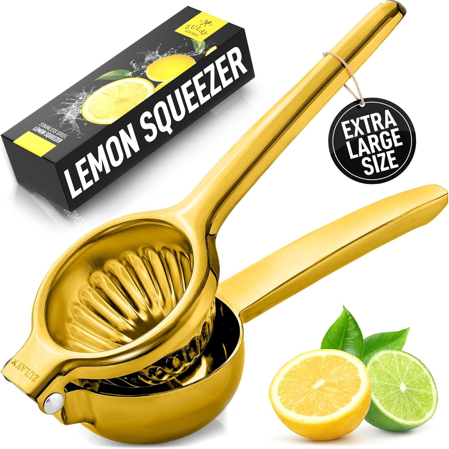 Zulay Kitchen Extra Large Lemon Squeezer - Heavy Duty Stainless Steel Citrus Juicer | Ergonomic Design in Gold