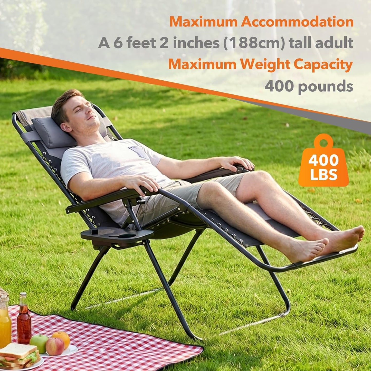 Sweetcrispy Zero Gravity Chairs - Oversized Foldable Patio Recliners with Adjustable Pillow & Cup Holder | Supports 400 lbs (Black-Gray)