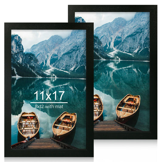 Hongkee 11x17 Frame Set of 2, Rustic Black Wood Style - Display 11 x 17 Poster without Mat or 8x12 Picture with Mat, Wall Mounting Horizontal and Vertical