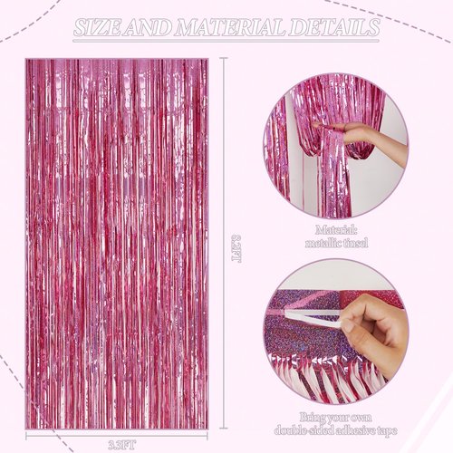 DECOCKRAT 3 Pack Foil Fringe Backdrop - Laser Pink Shiny Tinsel Curtains for Party Decoration/Photo Booth Props - 3.3x8.2 FT Metallic Foil Backdrop for Birthday, Wedding, Graduation, Christmas.