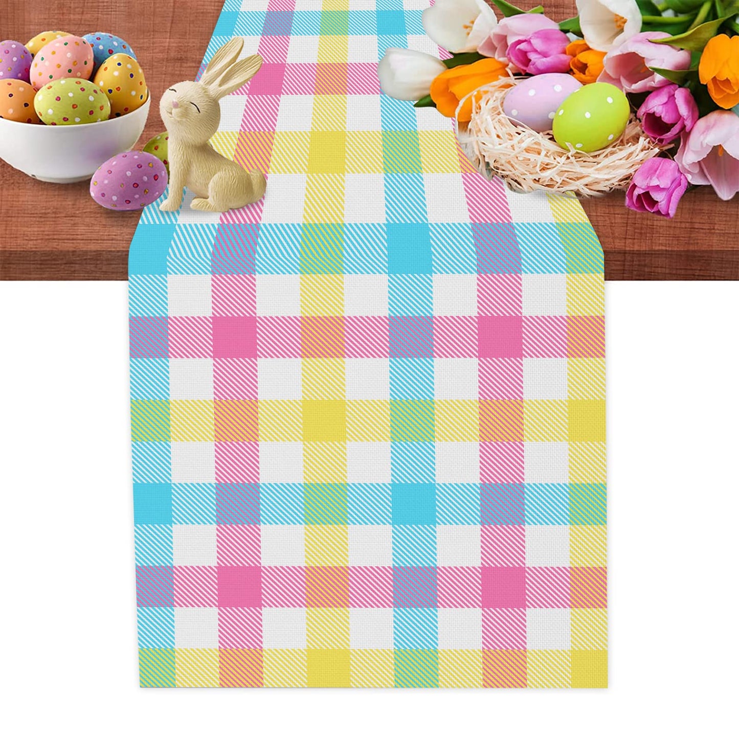 Linen Easter Blue Pink Yellow Buffalo Check Plaid Table Runner 72 Inches Long Spring Summer Holiday Farmhouse Table Decor for Dining Room Kitchen Home Party