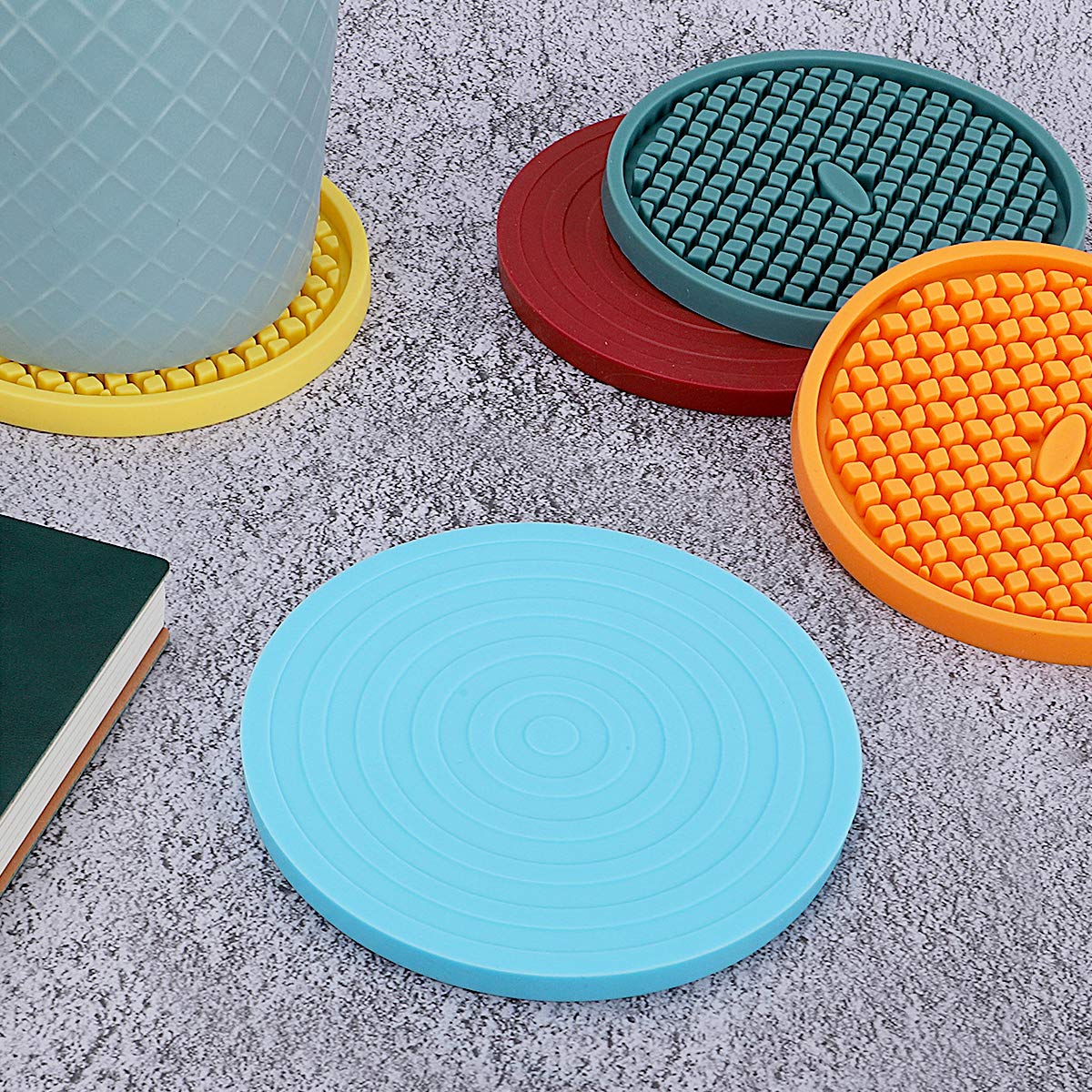 ME.FAN Silicone Coasters [6 Pack] Thickened Drink Coasters with Holder - Cup Mat - Non-Slip, Non-stick, Stay Put, Deep Tray - Prevents Furniture and Tabletop Damages(Navy Blue)