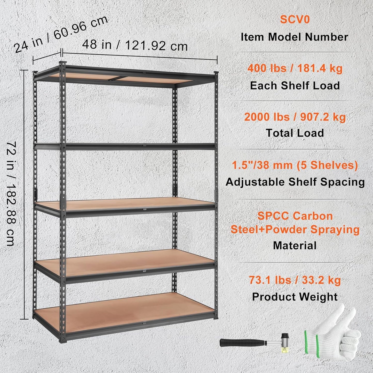 VEVOR 5-Tier Adjustable Storage Shelving Unit - Heavy Duty Metal Shelves for Garage, Kitchen & More | 48" L x 24" W x 72" H