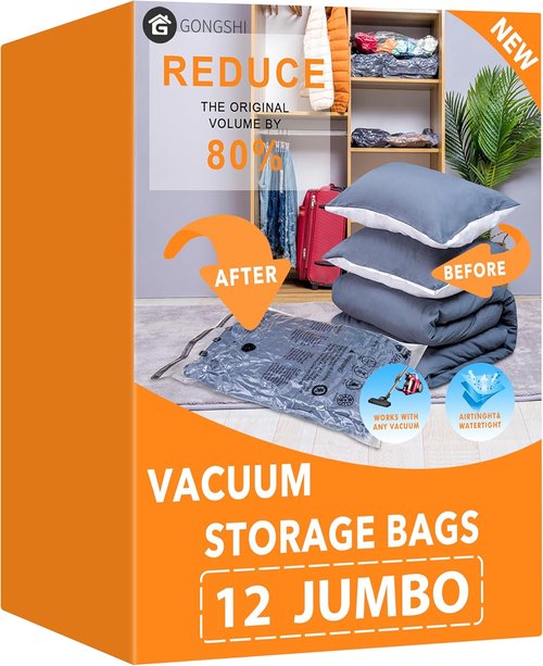 GONGSHI Vacuum Storage Bags - Jumbo Space Saver Seal Bags for Clothing, Blankets & Luggage | 12 Pack