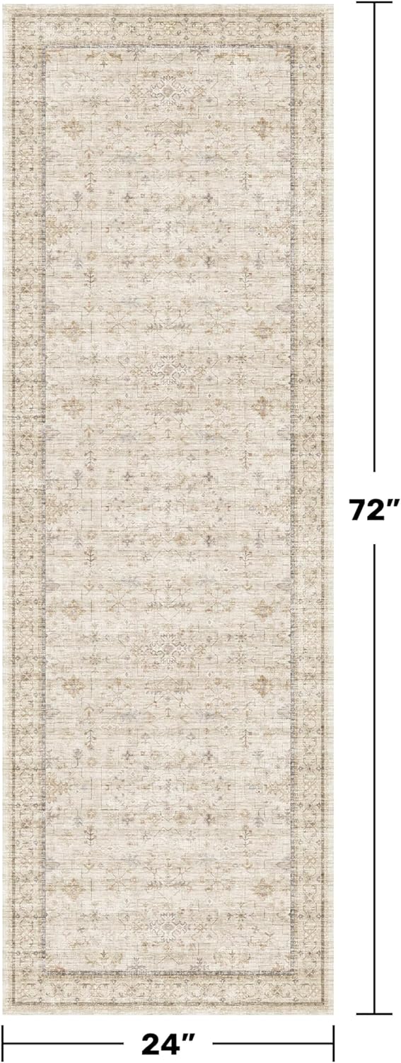Skiennix 2x6 Beige Farmhouse Kitchen Runner Rug - Washable, Non-Slip, Soft Low Pile Floral Design