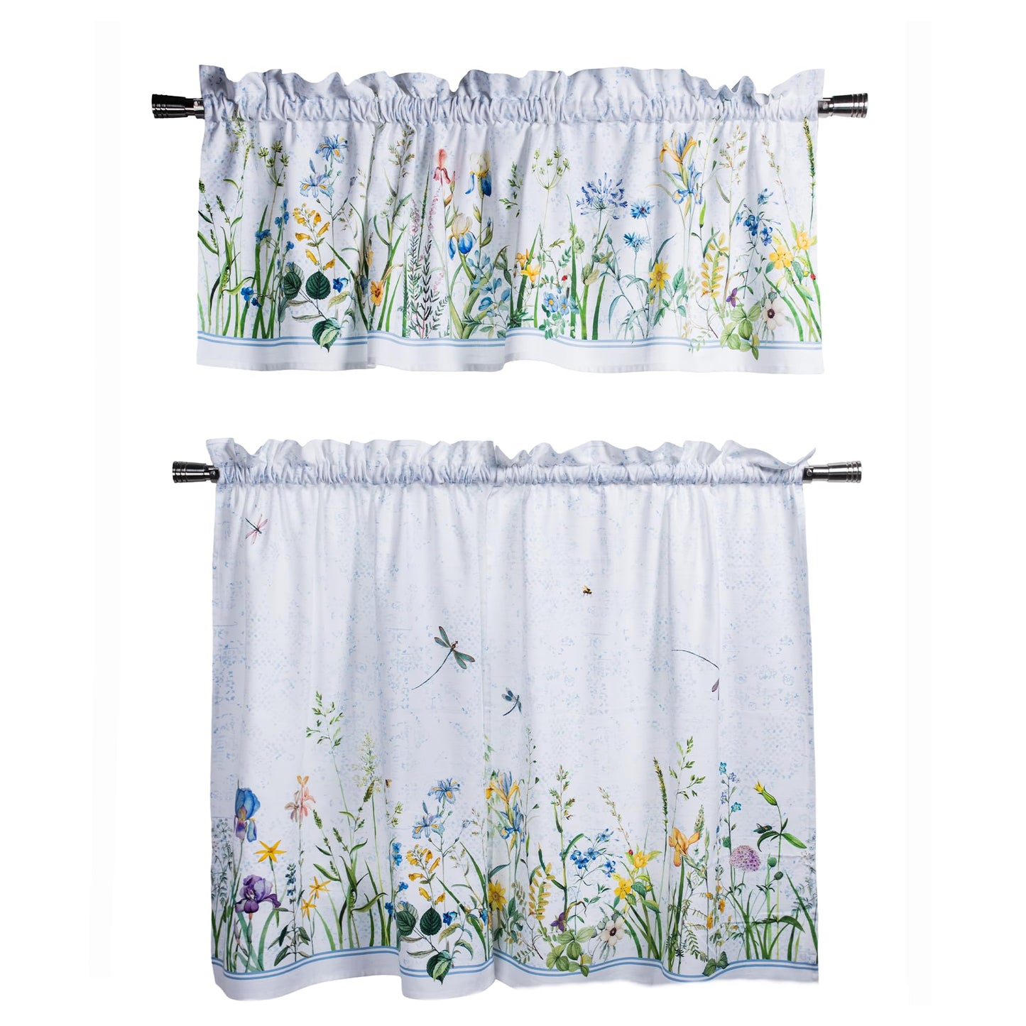 Maison d' Hermine Kitchen Curtain Set for Windows 100% Cotton Set of Kitchen Curtain Valance for Home [2 Tier (28"X36") and 1 Valance (56"X18")] Café Gifts for Mothers Day (Fleurs De Mai)
