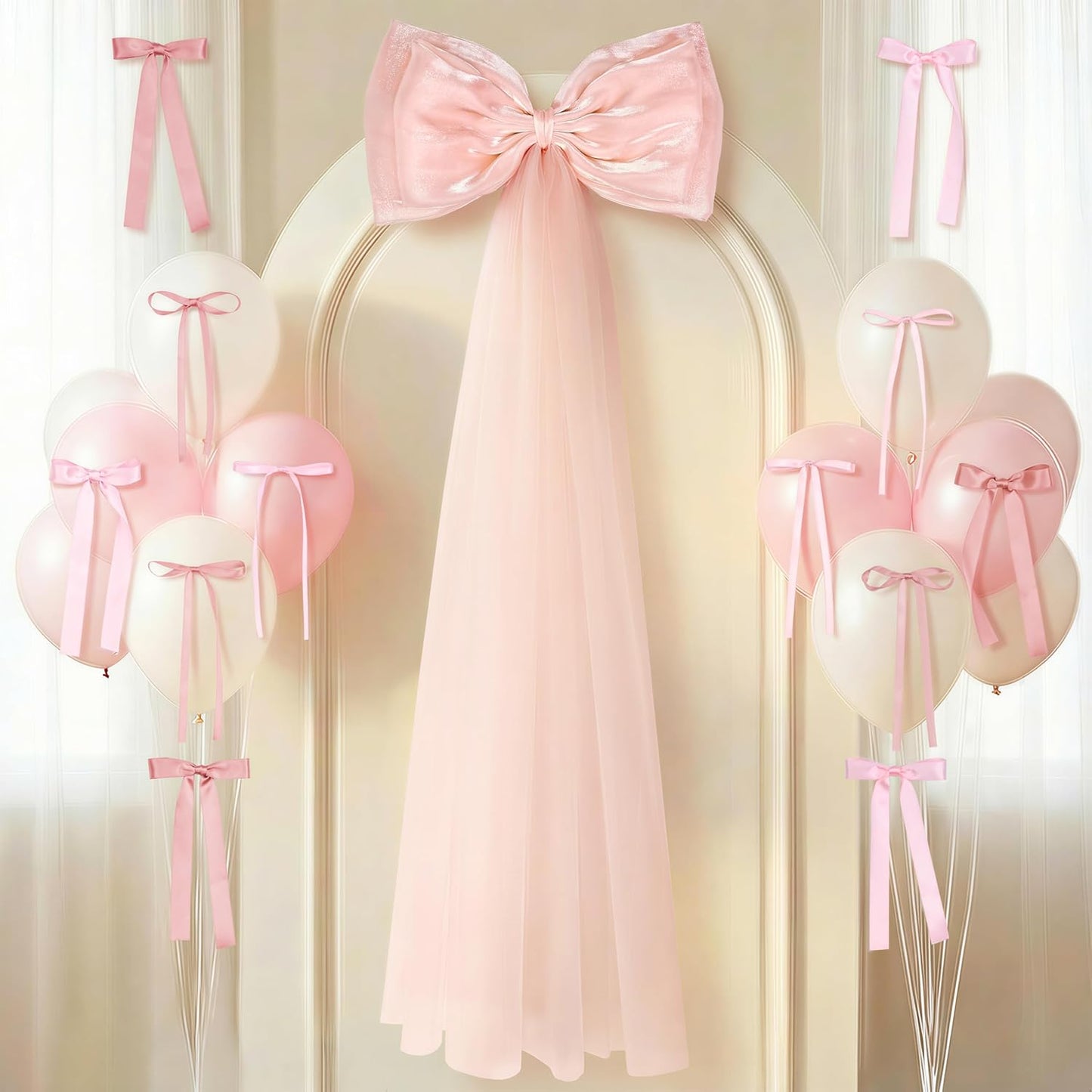 Skiennix 13Pcs Large Pink Pearl Silk Satin Bow Set - 17x55 Inch Giant Bow with 12 Small Satin Bows for DIY Wedding & Baby Shower Decor