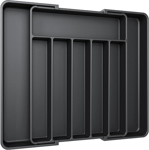 Aujen Silverware Organizer - Expandable Utensil Tray for Kitchen Drawers | Adjustable Cutlery Storage, Black, Large