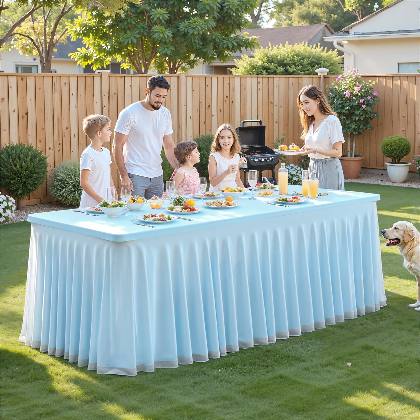 PARTISKY Blue Tablecloths 4 Foot Rectangle Tables, Spandex Fitted Tablecloth Stretch Table Cover with Tulle Skirt for Baby Shower Birthday Party Wedding Banquet Dessert Table Decorations
