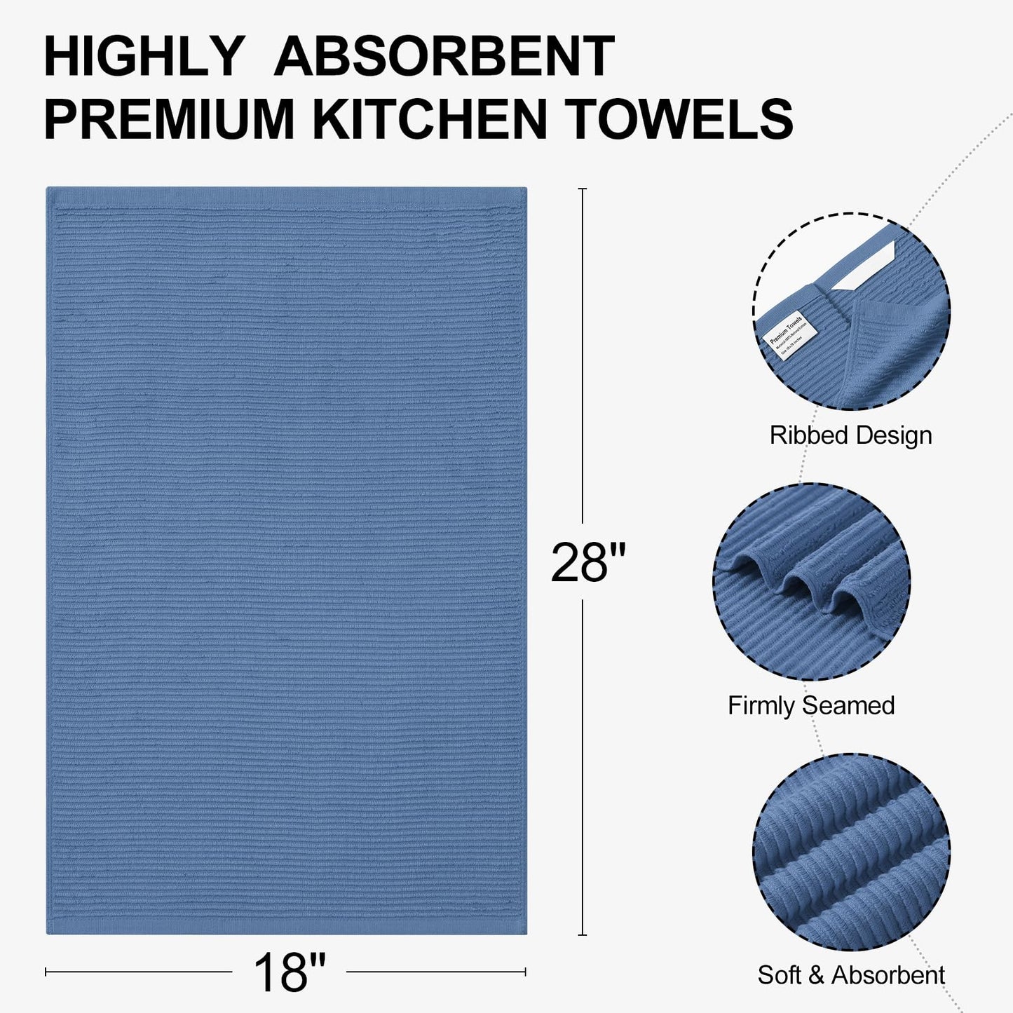 Homaxy Premium Kitchen Towels (18"x 28", 8 Pack), Large 100% Cotton Kitchen Hand Towels, Ultra Absorbent Ribbed Terry Tea Towels Set with Hanging Loop, Black