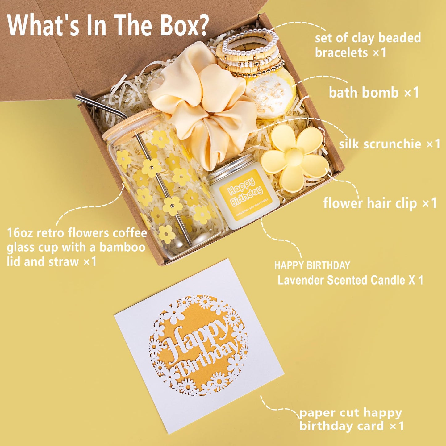JTEWB Birthday Gifts For Women, Teen Girl, Her, Happy Birthday Gift Box For Girl, Women, Sister, Daughter, Friends, Cute Daisy Aesthetic Glass Cups Gift Set 7pcs (Yellow)