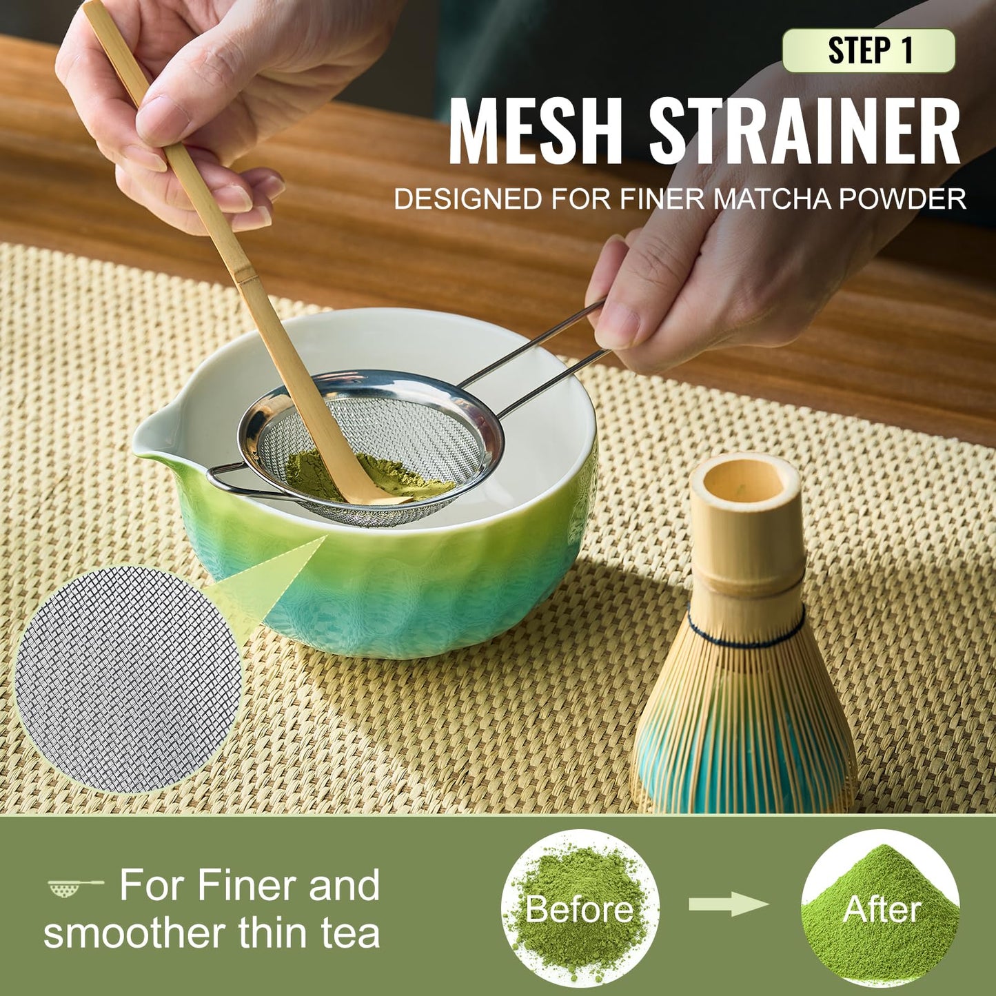 Matcha Whisk Set 7 Pcs, Matcha Kit with Bowl, Whisk and Holder, Bamboo Scoop, Scoop Rest, Sifter & Tea Towel, matcha Tea set Gifts for Matche Lovers Making Latte Breakfast