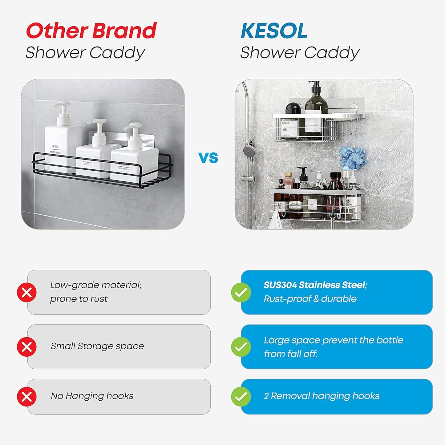KESOL Shower Caddy - Rustproof SUS304 Stainless Steel Bathroom Shelf Organizer | No Drilling, 2 Pack, Silver