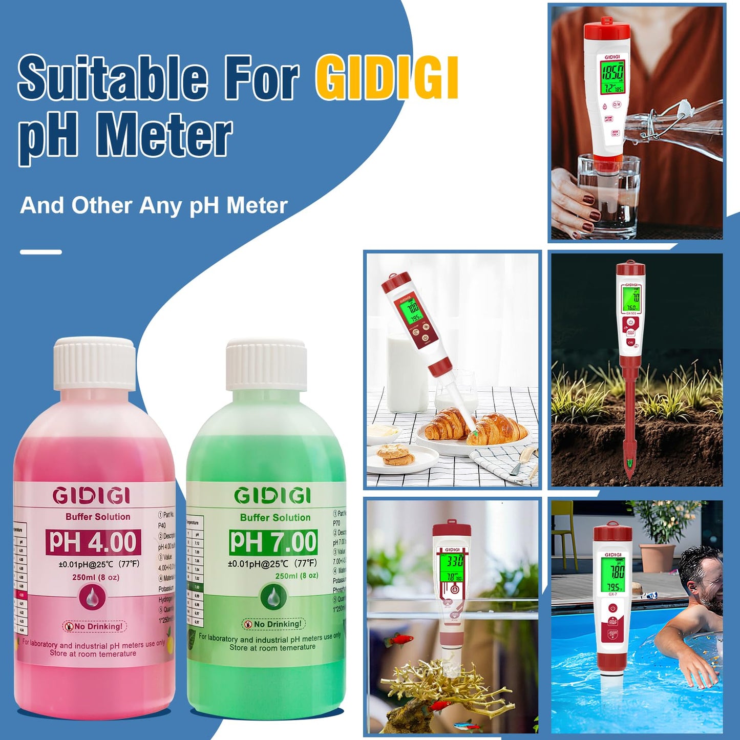 pH Meter Calibration Solution Kit,Includes 4.00, 7.00 and Electrode Protection,Calibration Buffer 250ml*2,Probe KCL Storage 30ml*1, pH Meter Accessories