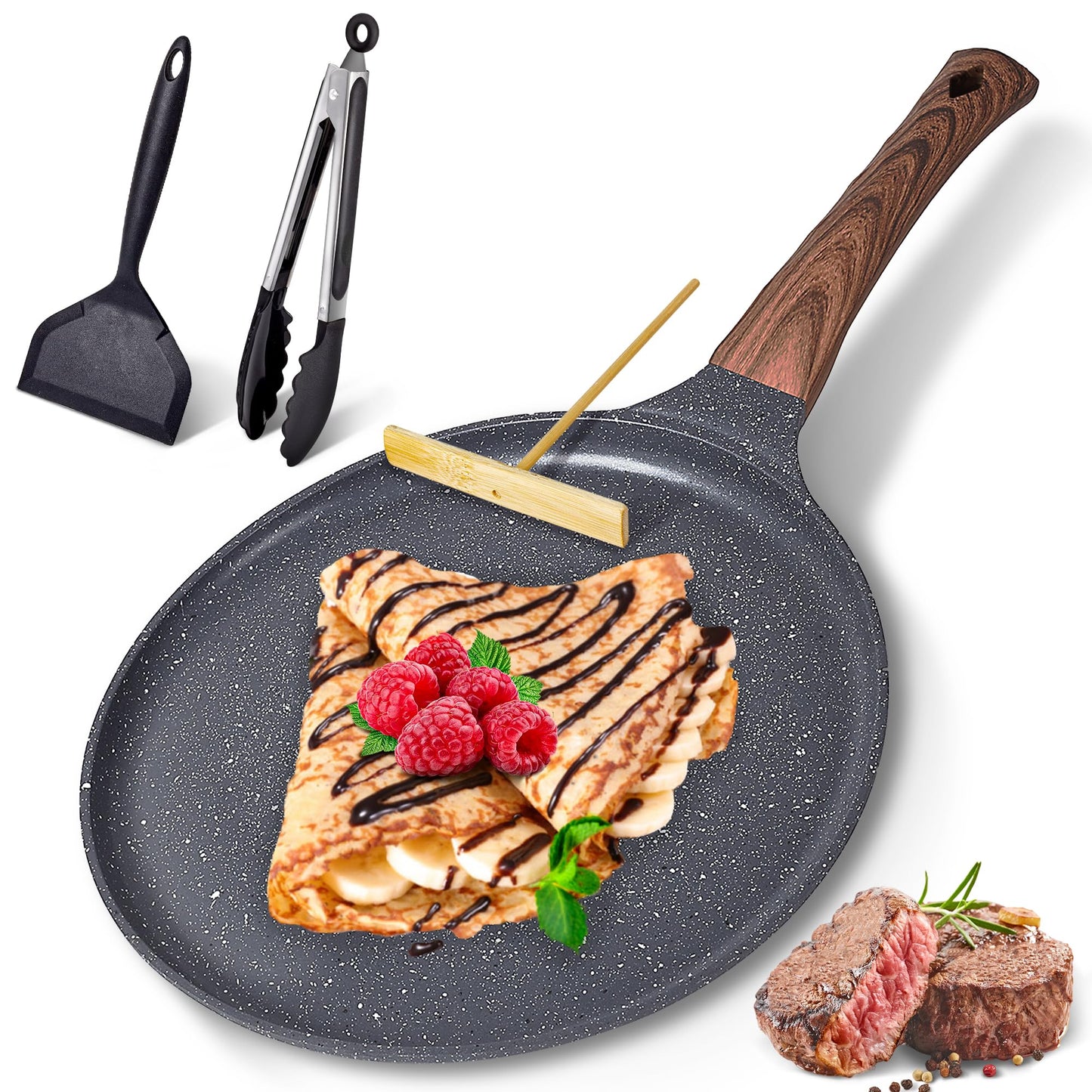 AOSION Crepe Pan 11 inch Nonstick Dosa Tawa Pan, Ceramic crepe pan,Tortilla Pan for Pancake Omelette Steak Frying Egg with Ergonmic Handle,For All Stoves
