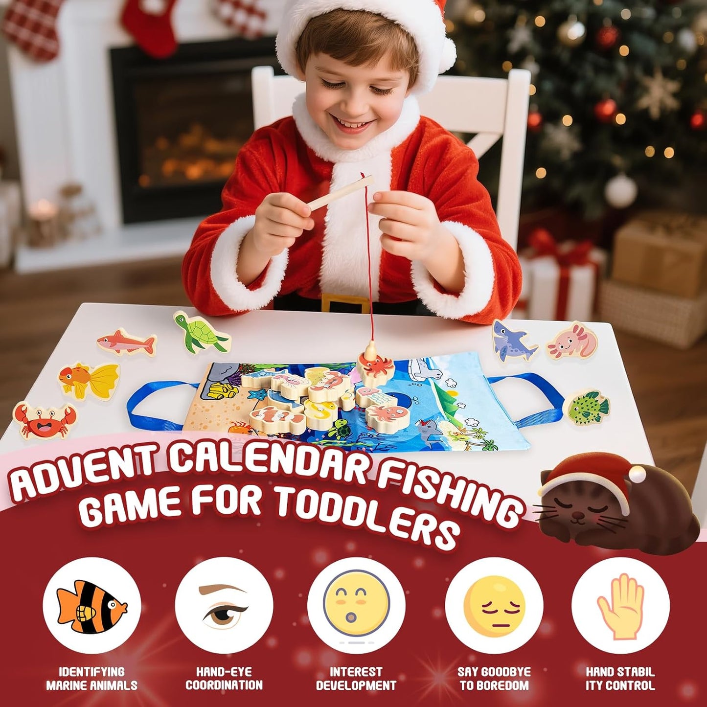 Skiennix Fishing Advent Calendar 2026 - 24-Day Wooden Countdown for Kids | Fun Marine Learning Gift