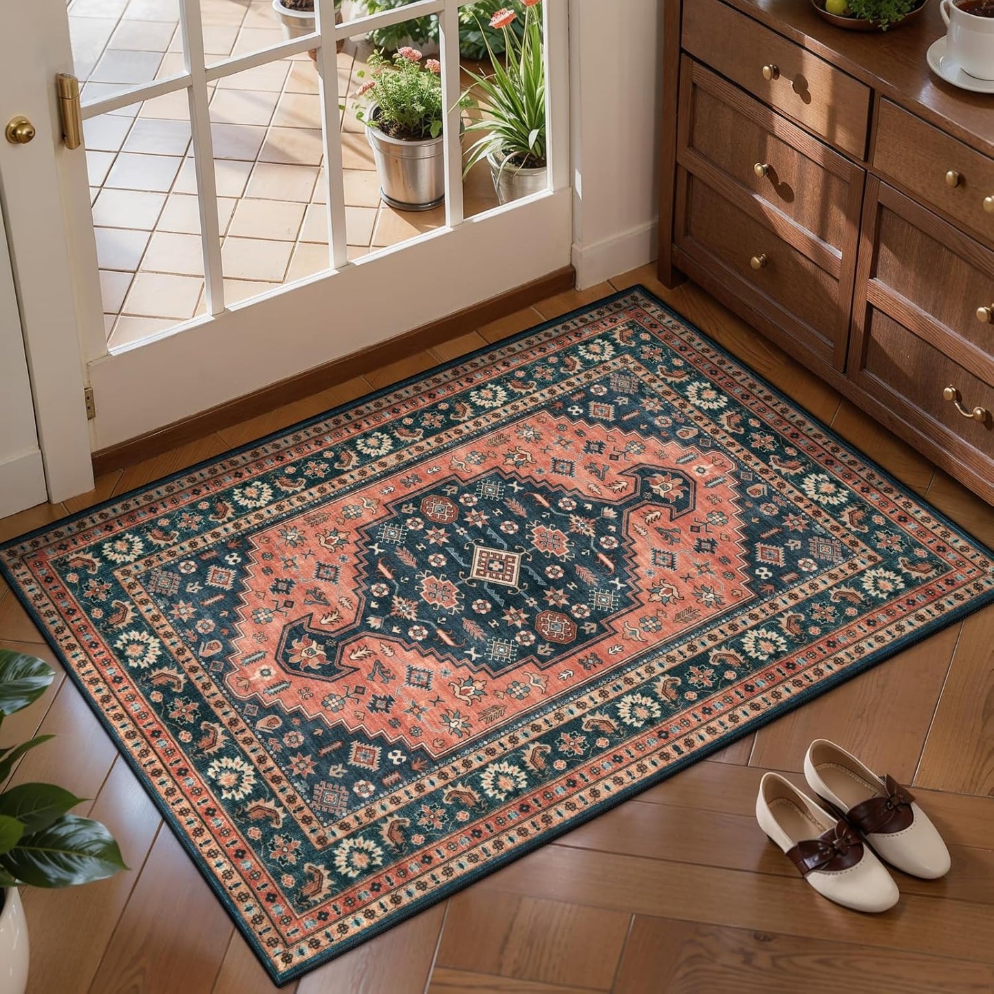 Tangsoo Vintage Small 2x3 Rug - Washable Non-Slip Entryway Mat in Boho Red & Blue Design
