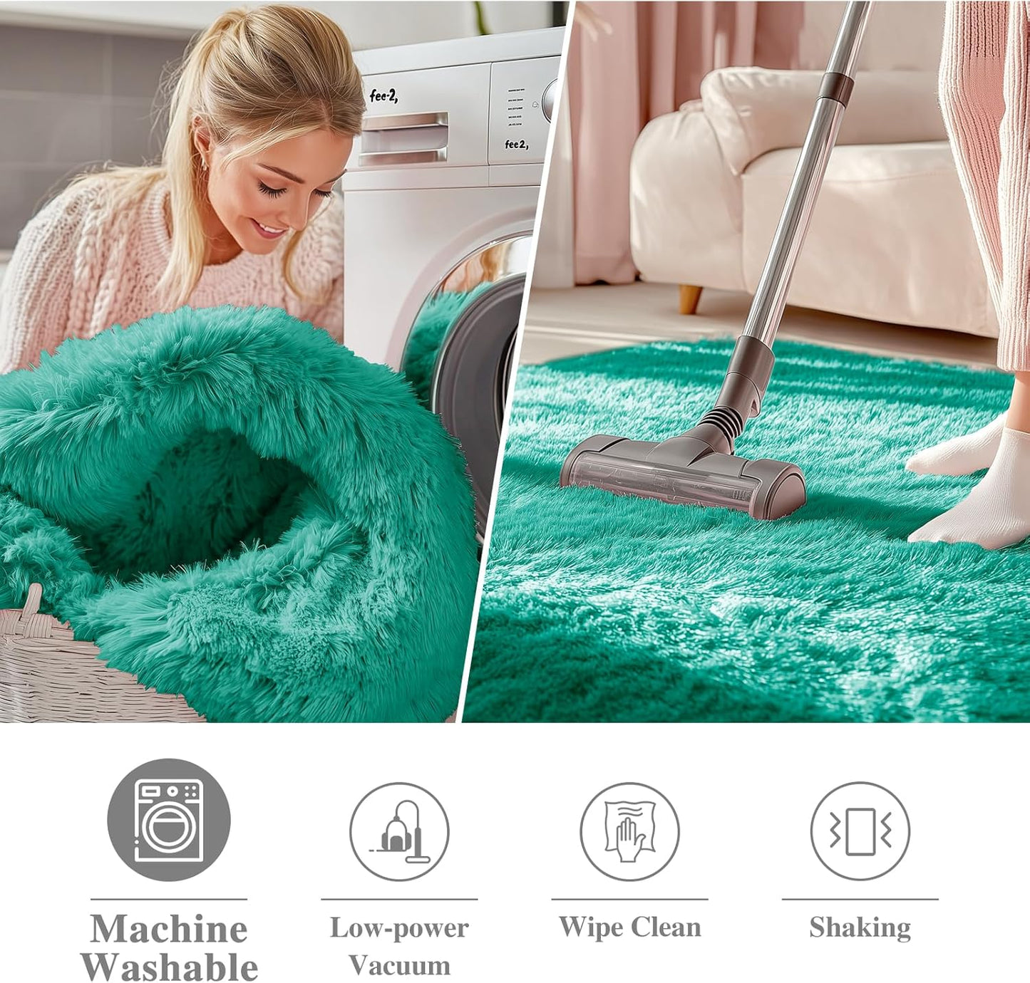 OLANLY Teal Green Round Rug - Soft, Fluffy Shaggy Carpet for Bedroom | 2 ft Machine Washable Area Rug