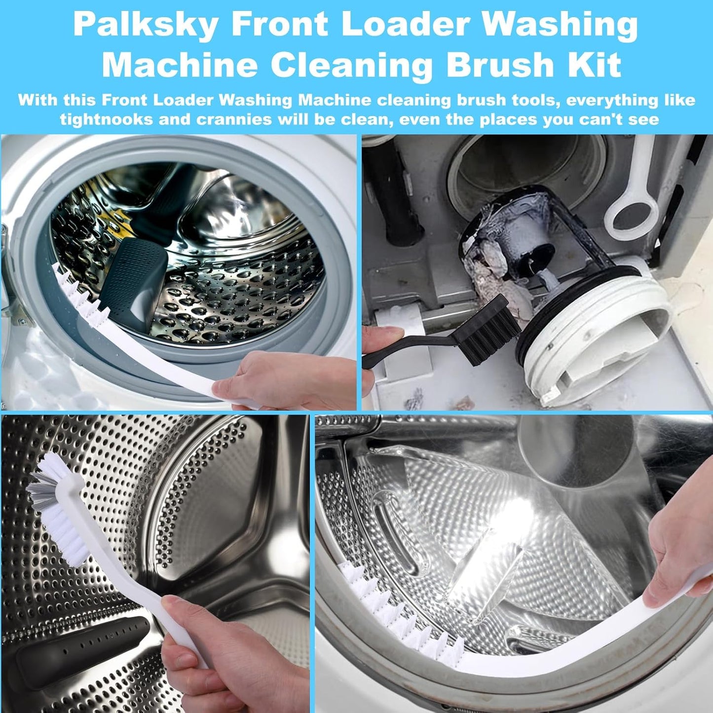 Palksky Washing Machine Cleaning Brush Set - 1 Drum Slot Cleaner & 5 Crevice Brushes for Front Load Washers