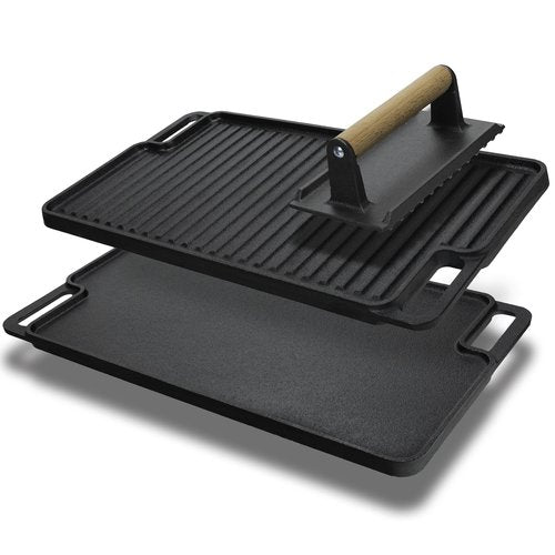 Cast Iron Griddle/Grill Reversible Combo Set + Protective Mitts, Grill Press & Scraper- Pre-seasoned Indoor & Outdoor gas Stove Griddle- Stovetop, Camping or Home Cooking Non-Stick Griddle Pan