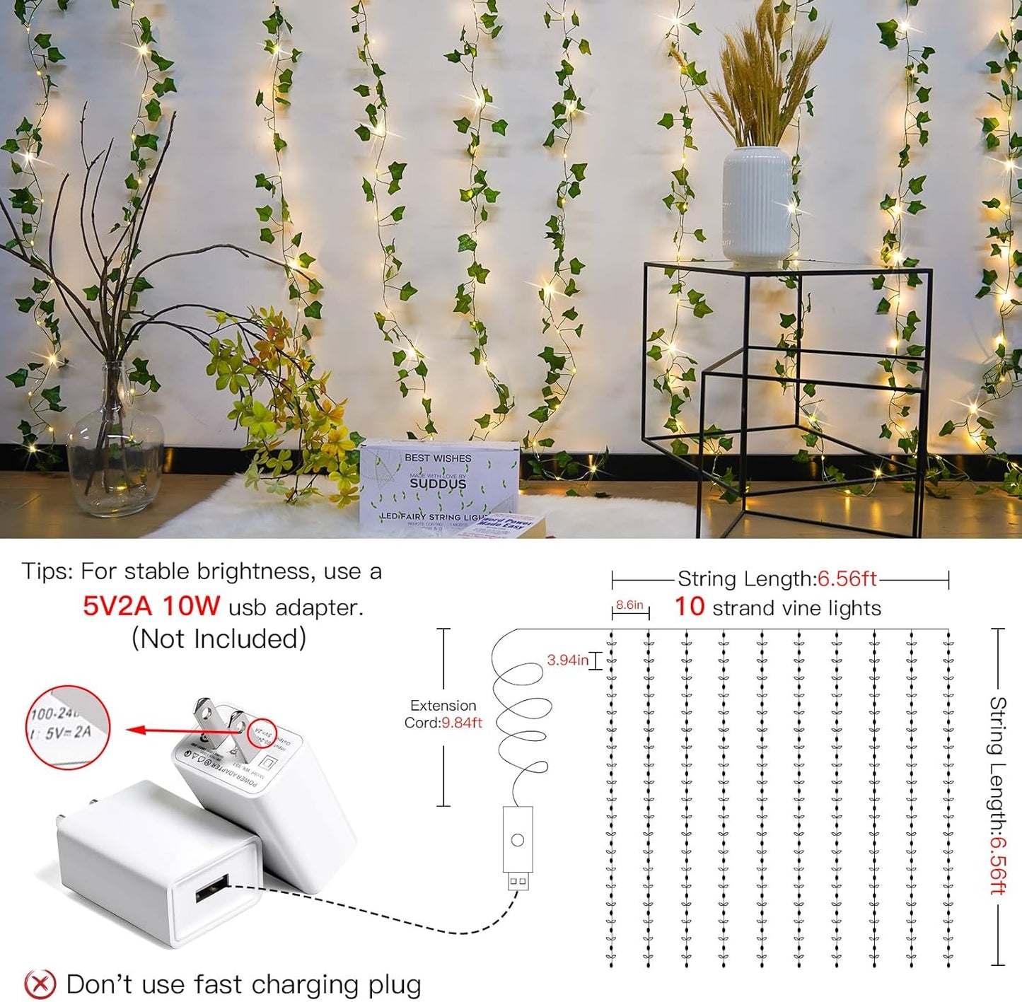 Suddus LED Fairy Lights Vines - 200 Warm White Lights for Bedroom, Dorm, Wedding & Party | 6.5ft x 6.5ft
