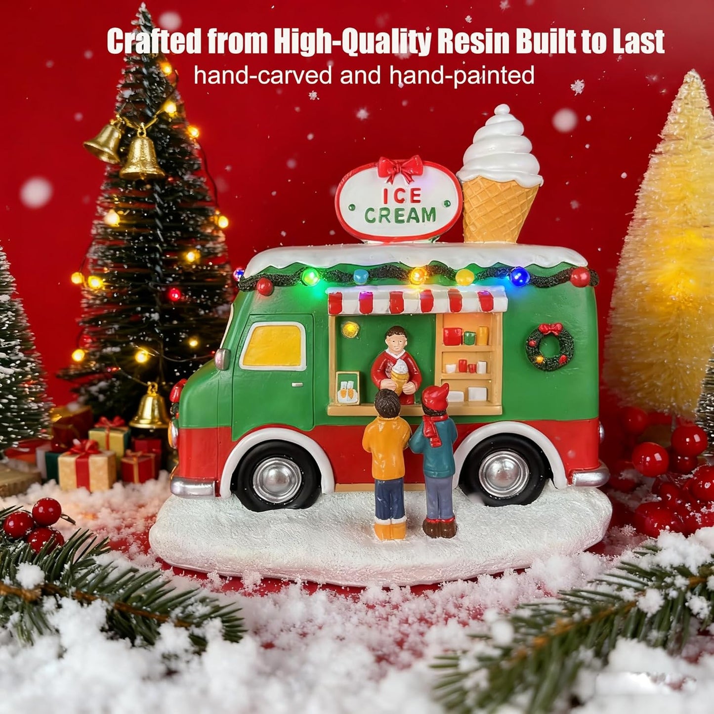 Skiennix Christmas Village Food Truck - Musical Ice Cream Car Decoration with LED Lights