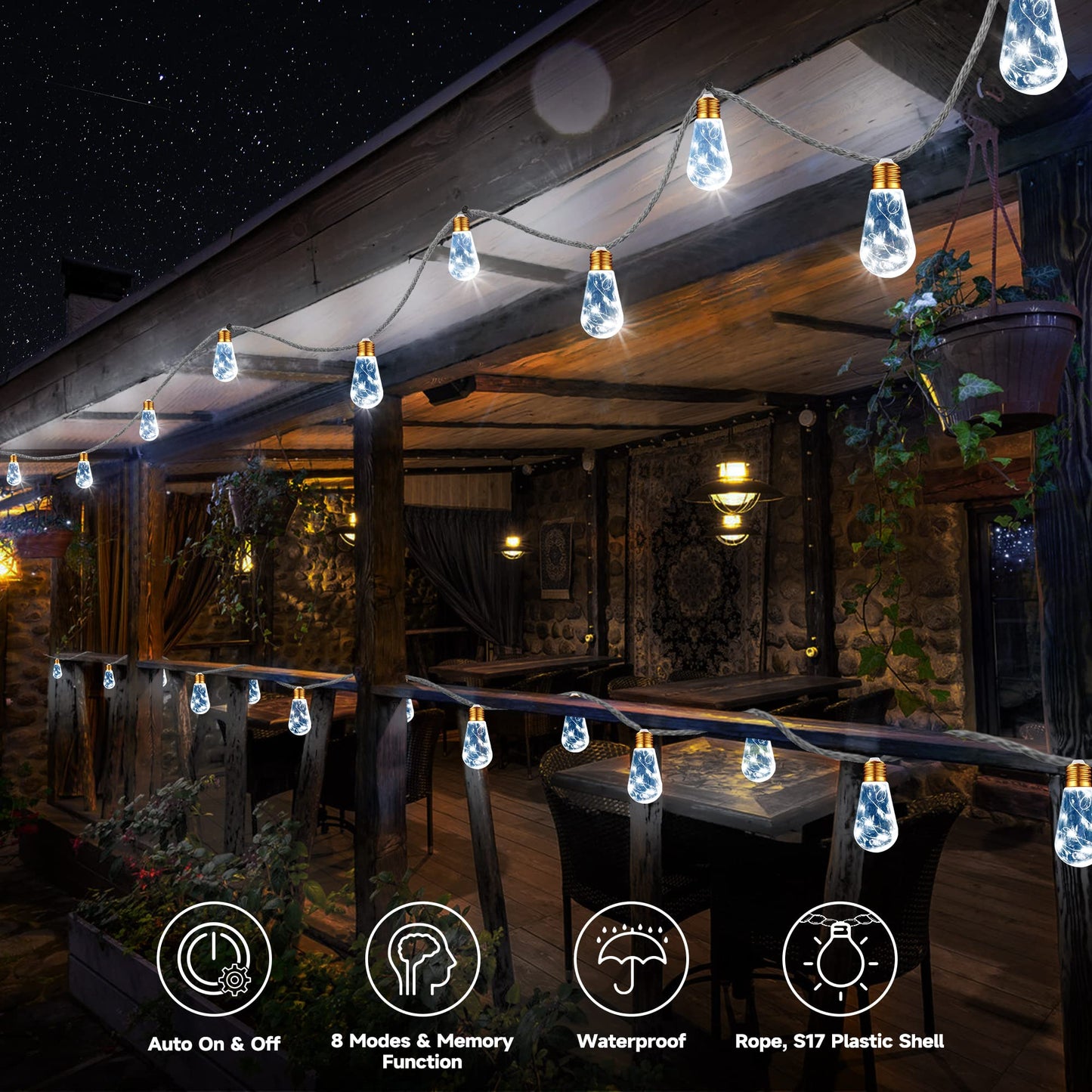 Solar Outdoor String Lights, 20Ft Vintage Rope Hemp Solar Patio Lights, Waterproof White Solar Powered String Lights With 8 Modes 16 Shatterproof Bulbs for Garden Yard Fence Stairs Balcony Café Bistro