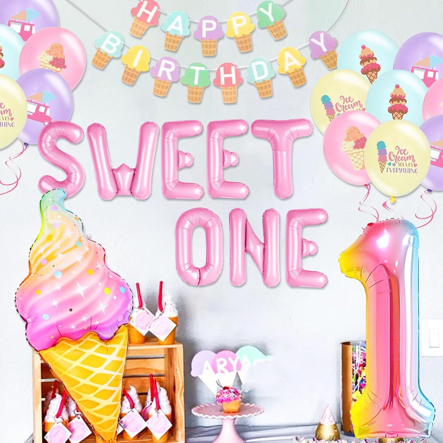 Sweet One 1st Birthday Decorations for Girls - Donut & Ice Cream Party Supplies Set