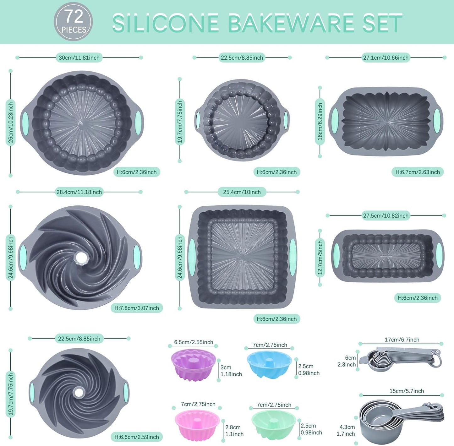 Tongjude Silicone Bakeware Set - 72 Nonstick Baking Pans for Easy Release | Grey Kitchen Essentials