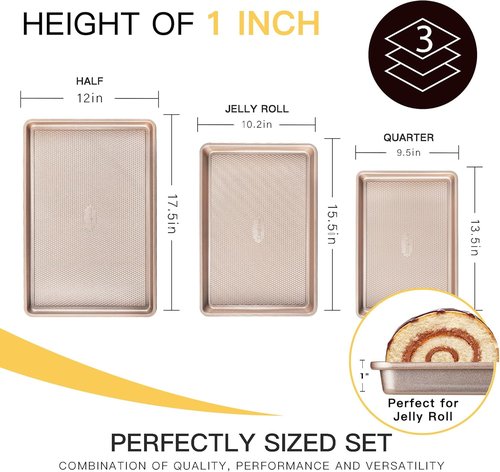 HONGBAKE Nonstick Baking Sheet Pan Set - Heavy Duty Cookie Trays in Champagne Gold | 3 Sizes