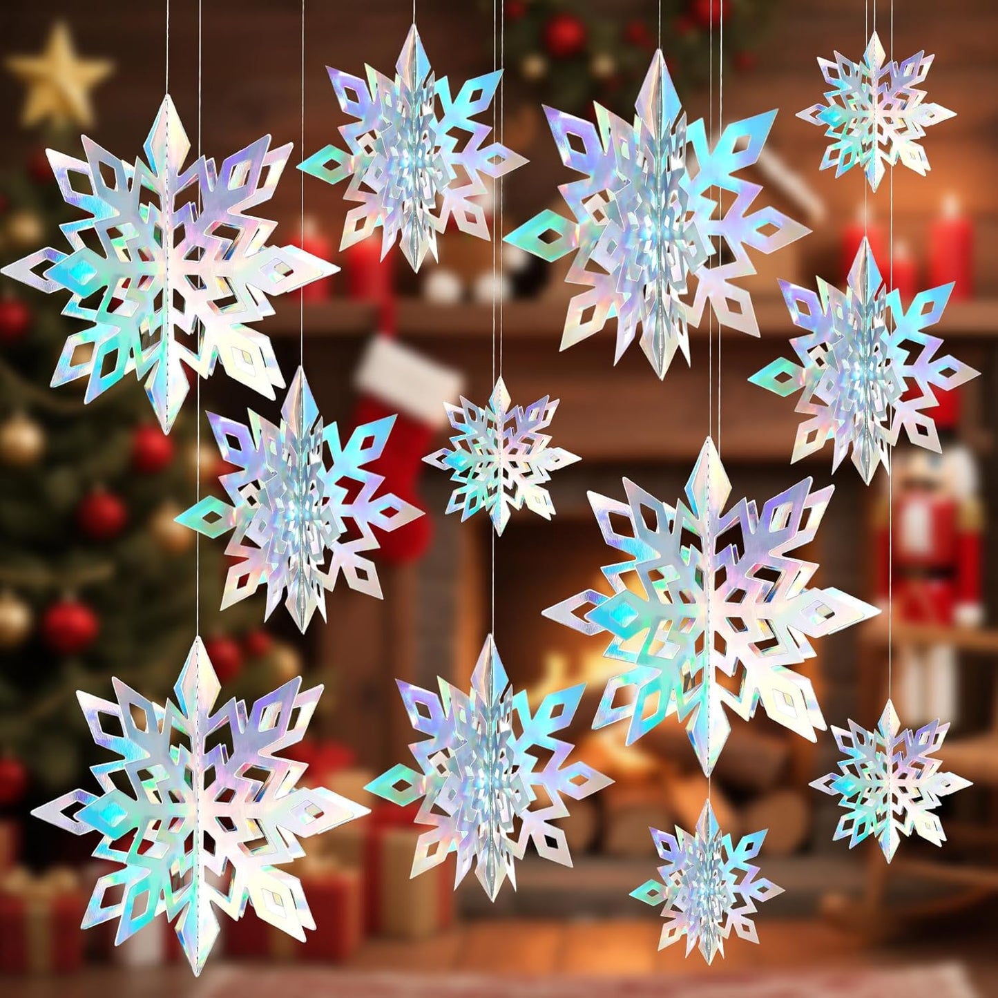 Skiennix 12PCS 3D Christmas Snowflake Decorations - Glittering Holographic Silver Ornaments for Winter Wonderland Decor