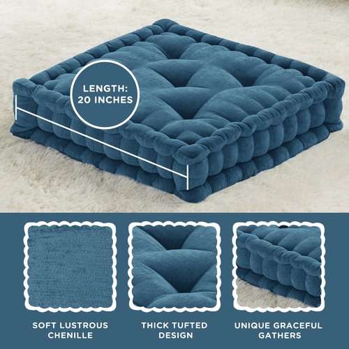 Codi INNA Floor Pillow, Large Cushions Sitting for Adults, Square Tufted Chenille Pillows Seat for Meditation, Living Room, Reading Nook, 20×20, Navy 2 Pack