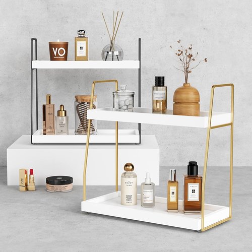 Forbena Bathroom Organizer - Elegant 2-Tier Wooden Sink Shelf for Vanity Storage | White and Gold