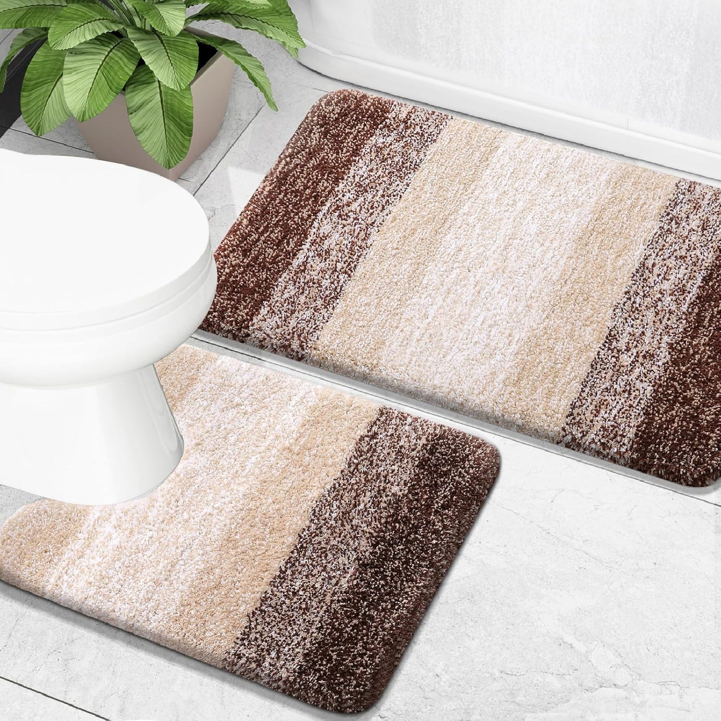 OLANLY Bathroom Rug Set - Soft Absorbent Microfiber Mats & U-Shaped Contour Rug | Non-Slip, Plush Shaggy, Brown (24"x16" + 24"x20")