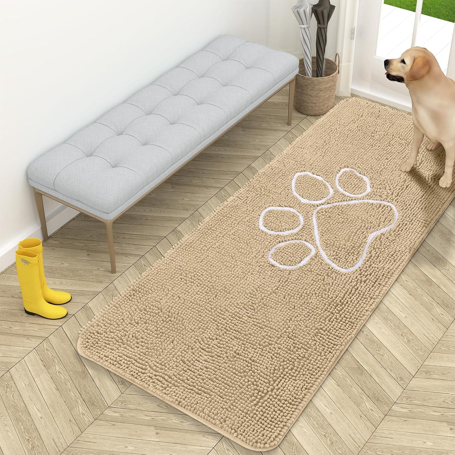 OLANLY Dog Door Mat - Absorbent Non-Slip Mud Mat for Muddy Paws | 59x24 Paw Print Design, Quick Dry Beige