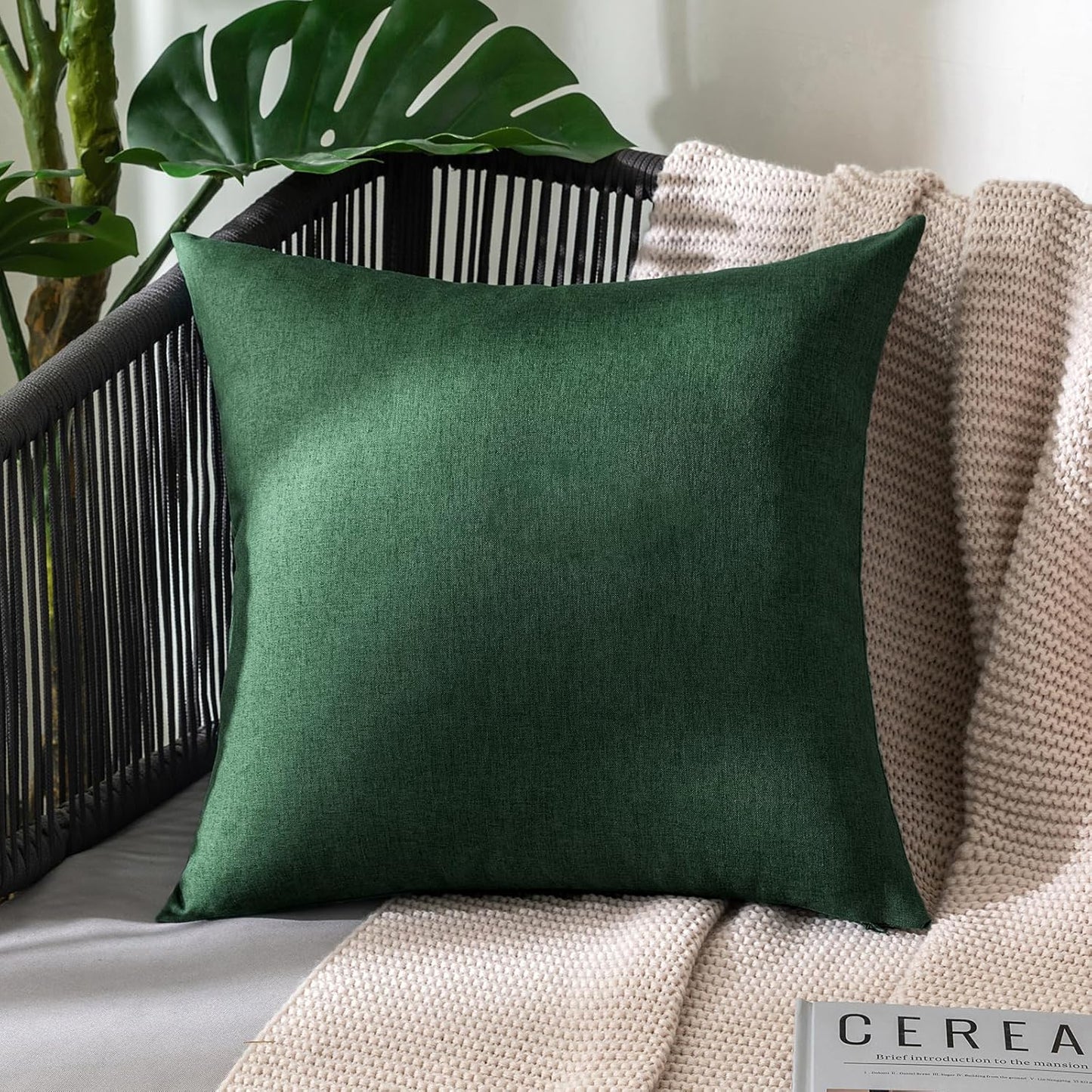 MIULEE Decorative Outdoor Throw Pillow Covers - Waterproof Faux Linen Cushion Cases | 20x20 Inch Emerald Green (Pack of 2)