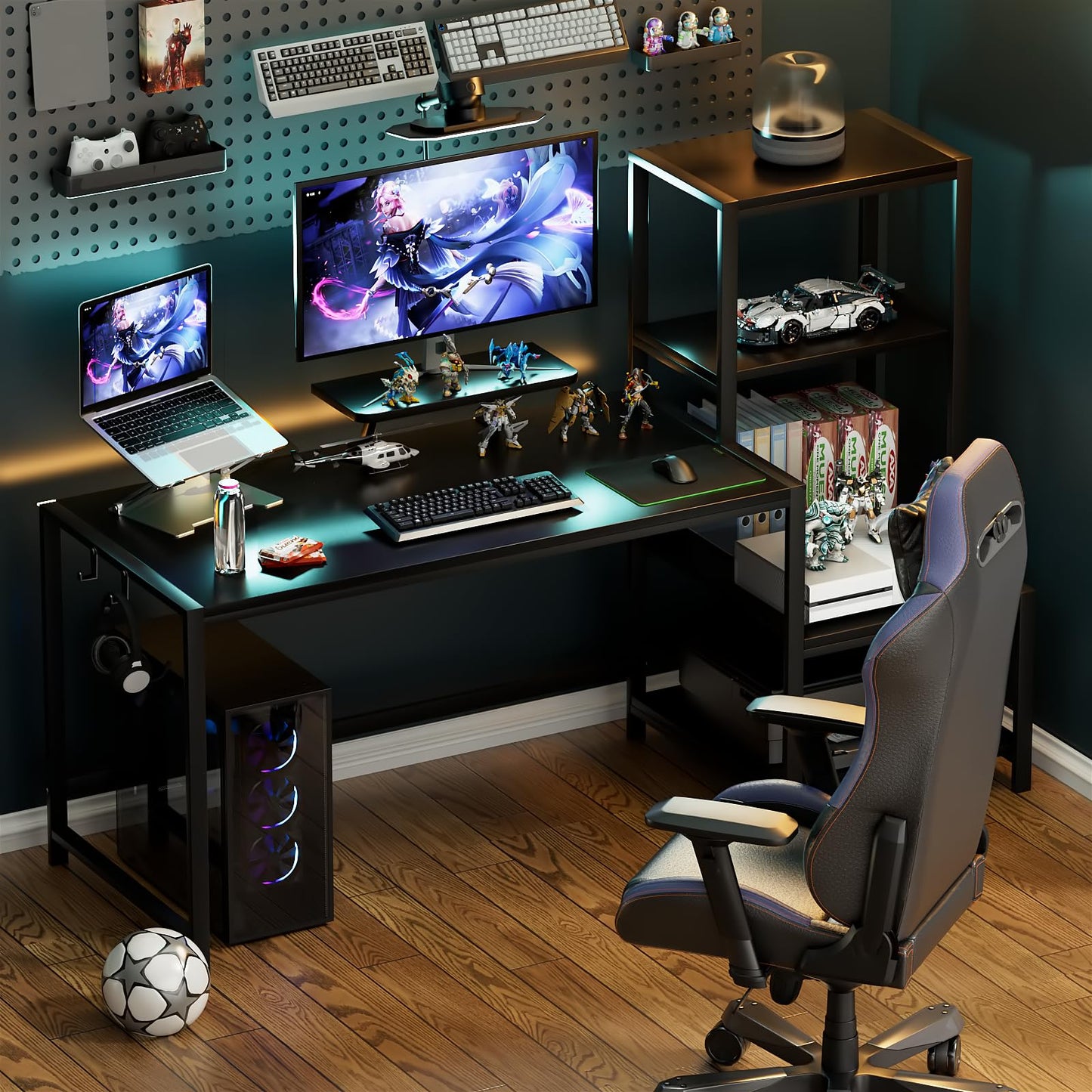 GreenForest Computer Desk 67 inch with Printer Shelf, Reversible Office Desk with Monitor Stand and 2 Hooks, Home Desk Workstation for Study Writing Working Gaming, Black